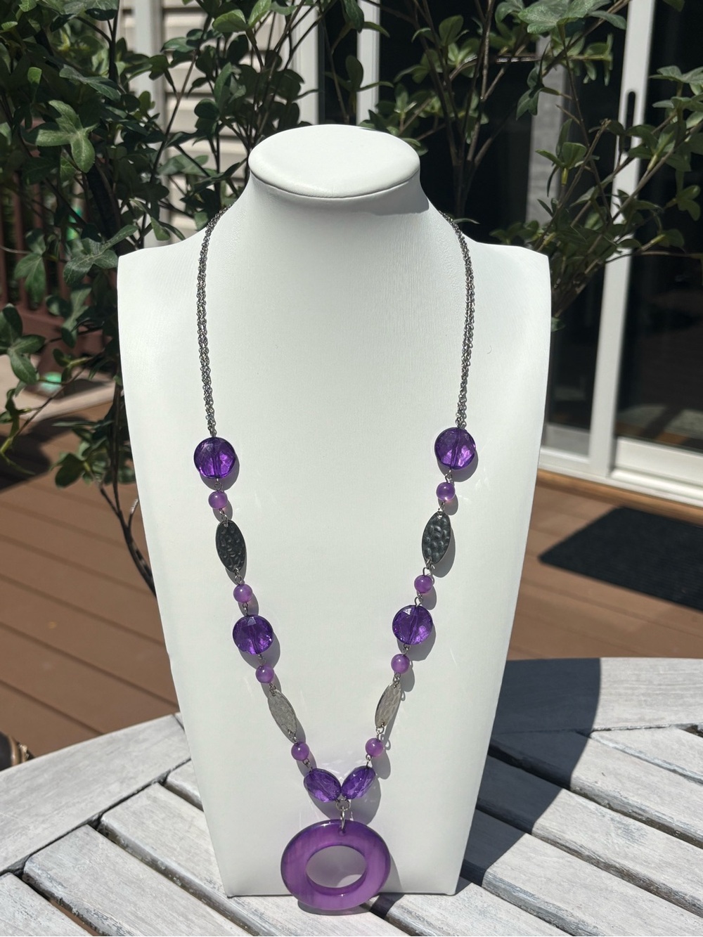 Purple Beaded Pendant Necklace with Silver-Tone Accents